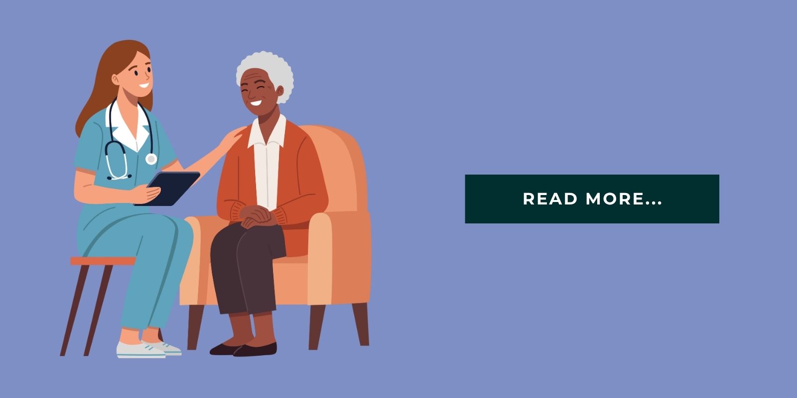 Blog Header Illustration caregiver helping a senior in skilled nursing and it says 'read more'