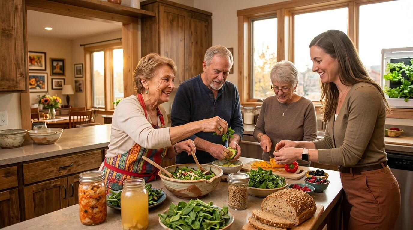 An adult laughs while standing around a table with three older adults, all serving themselves gut-friendly vegetables for a salad
