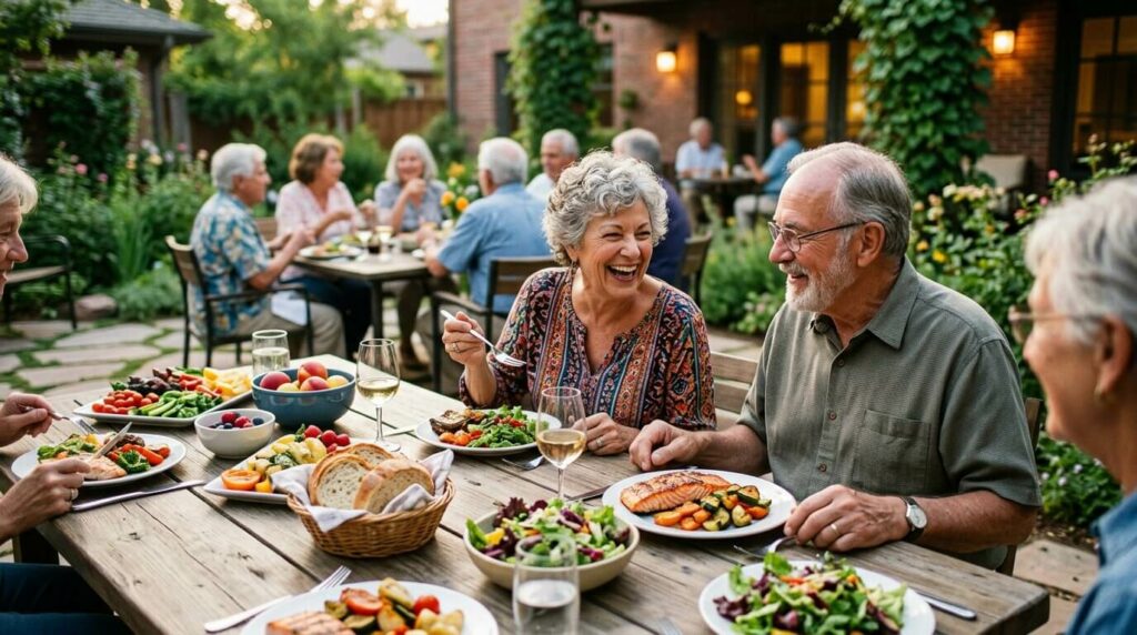 A laughing older adult shares a fresh green salad at a table with friends.