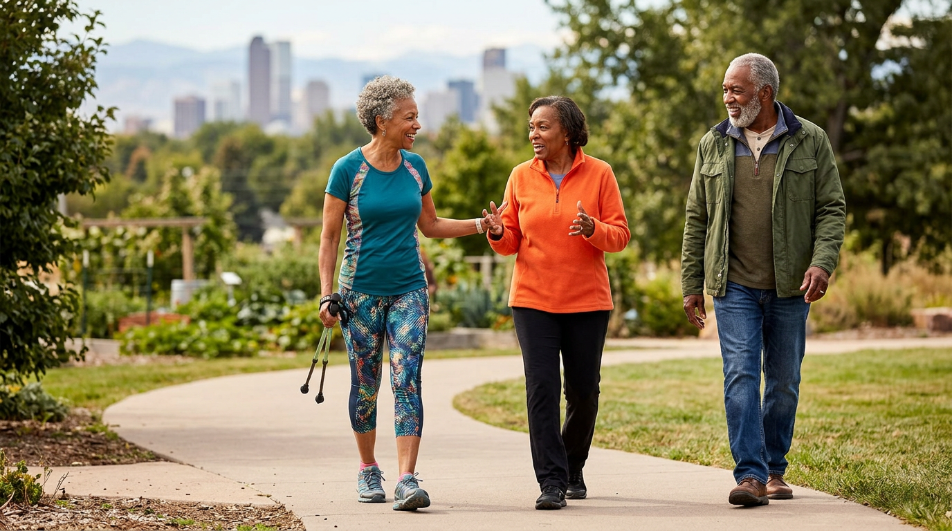 A group of older adults walk together in a park.