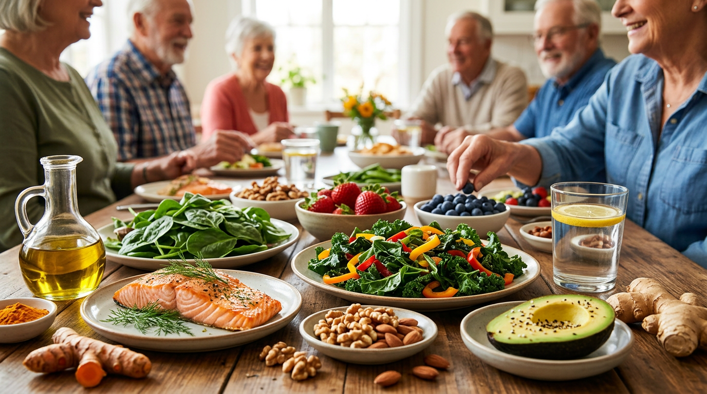 A group of older adults enjoy a meal of healthy foods at a table.