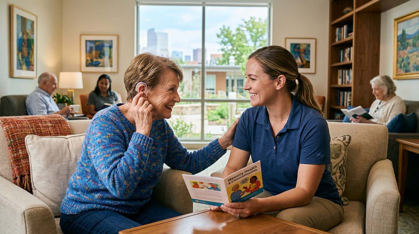 An older adult wearing a modern behind-the-ear hearing aid smiles and chats with a caregiver.