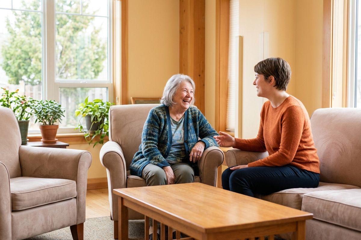 A senior and their loved one sit together in a skilled care community, sharing a moment of conversation and support.