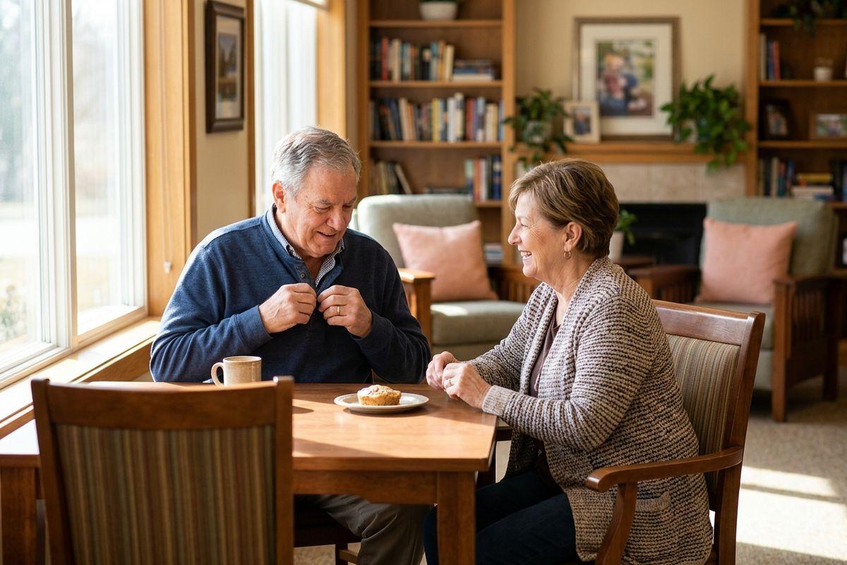 A pair of older adults enjoys a quiet moment with coffee in a common area in their senior community.
