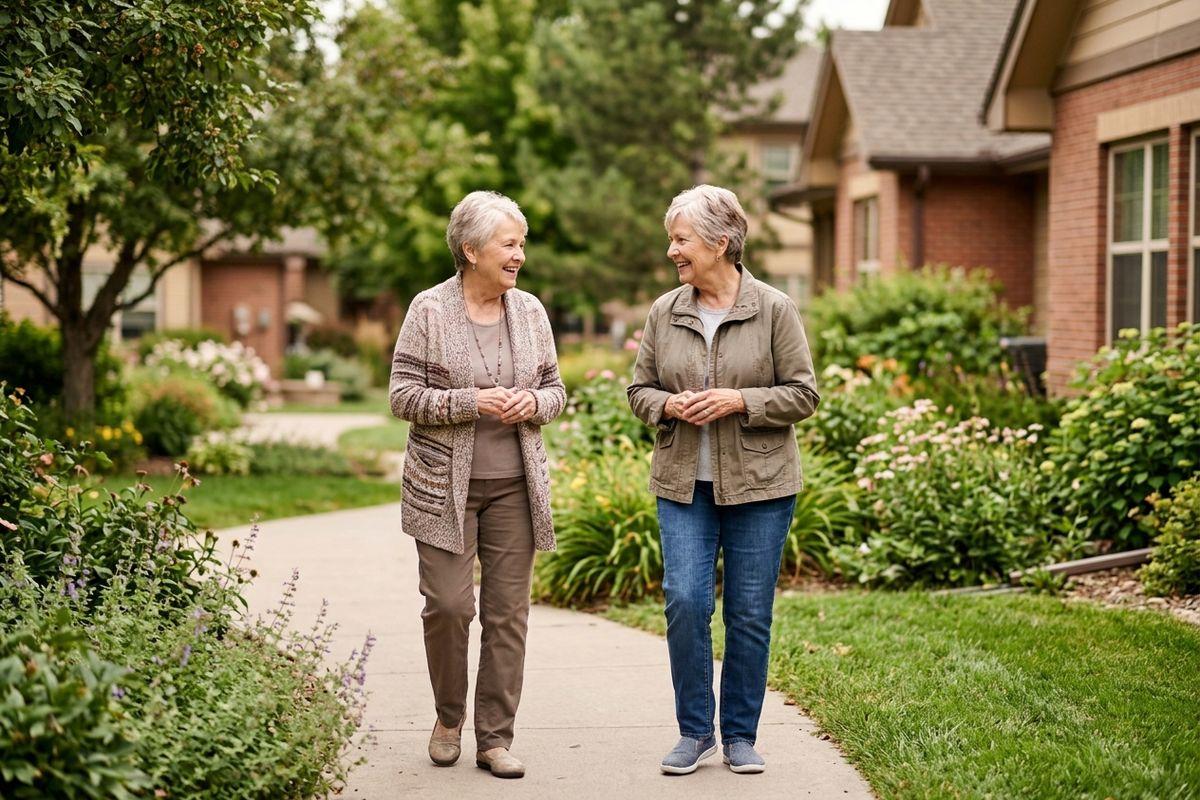 Two older adults walk along a clean, green path lined with trees and gardens in their senior living community