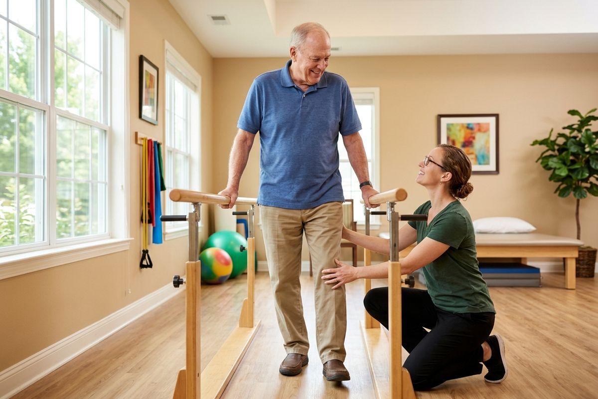 A skilled nurse helps an older adult with walking in a skilled nursing community.