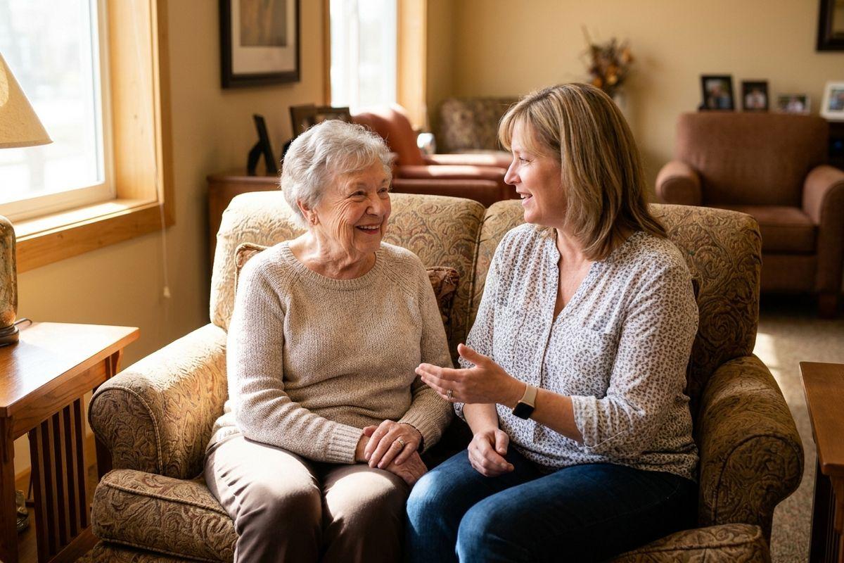 An older adult talks to a senior about senior living.