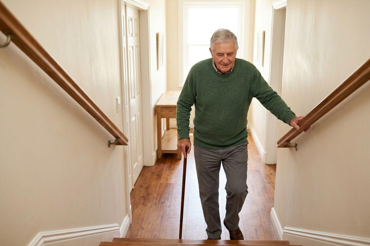 A senior with a walking cane holds a handrail at the bottom of a staircase in a home hallway, looking down at the steps