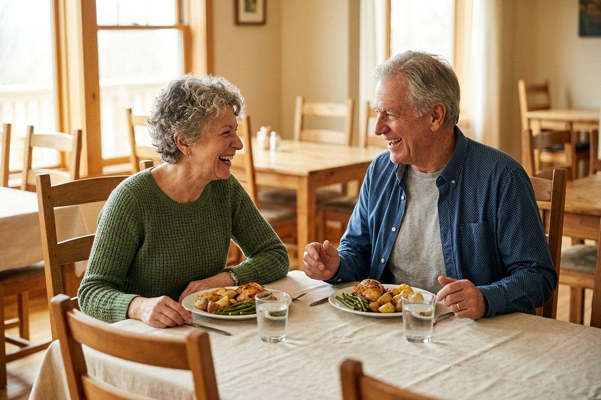 Two seniors laugh together at a dining table with plates of chicken, potatoes, and green beans and glasses of water.